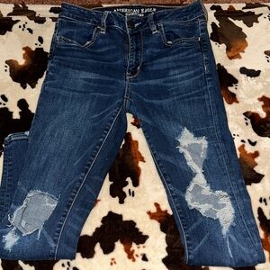 American Eagle Outfitters Women's Dark Blue Ripped Skinny Jeans